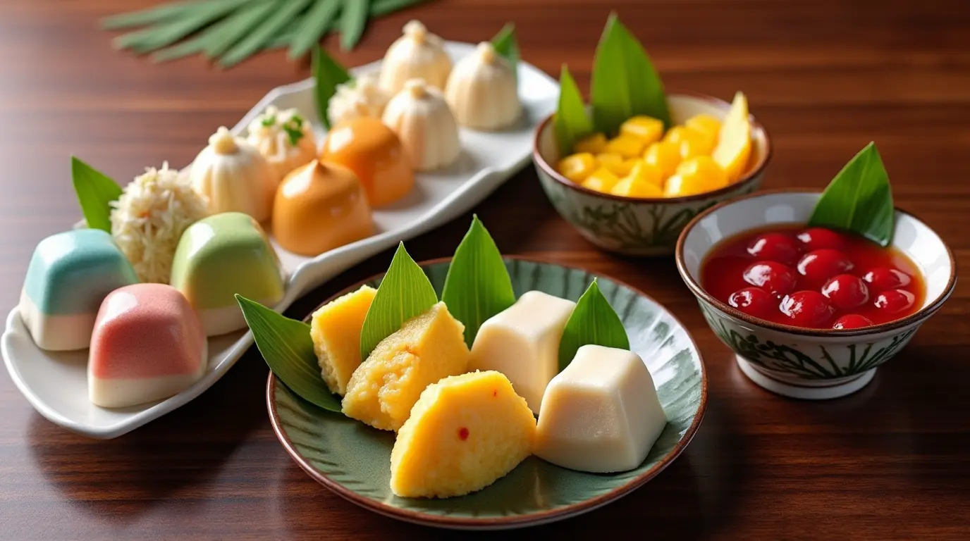 A variety of colorful Asian desserts served on plates and bowls, featuring jelly molds, custards, fruits, and garnishes on banana leaves.