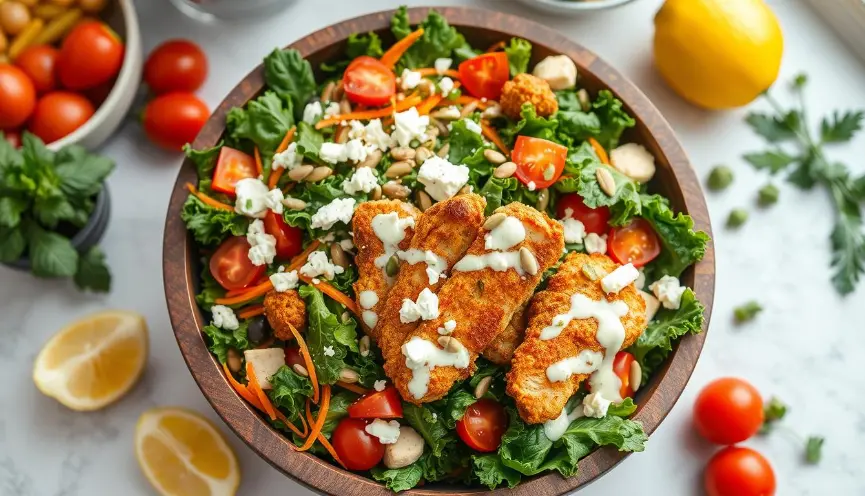 A vibrant kale salad topped with crispy chicken pieces, cherry tomatoes, crumbled feta cheese, shredded carrots, sunflower seeds, and a drizzle of creamy dressing.