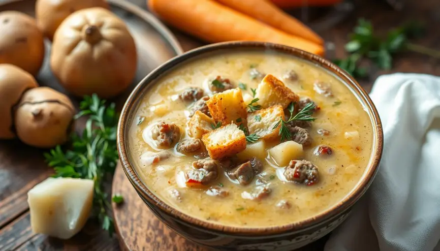 A steaming bowl of creamy potato and hamburger soup garnished with fresh parsley, served with a side of crusty bread.