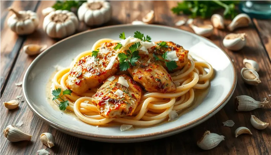 Creamy garlic parmesan chicken pasta served in a large white bowl, topped with golden chicken slices, fresh parsley, and grated Parmesan cheese.