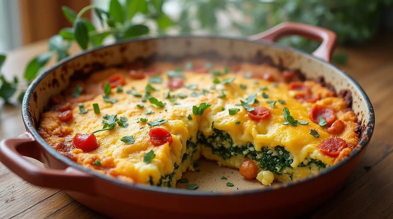 Gluten-free breakfast casserole in a round dish, with layers of spinach, cheese, cherry tomatoes, and herbs.