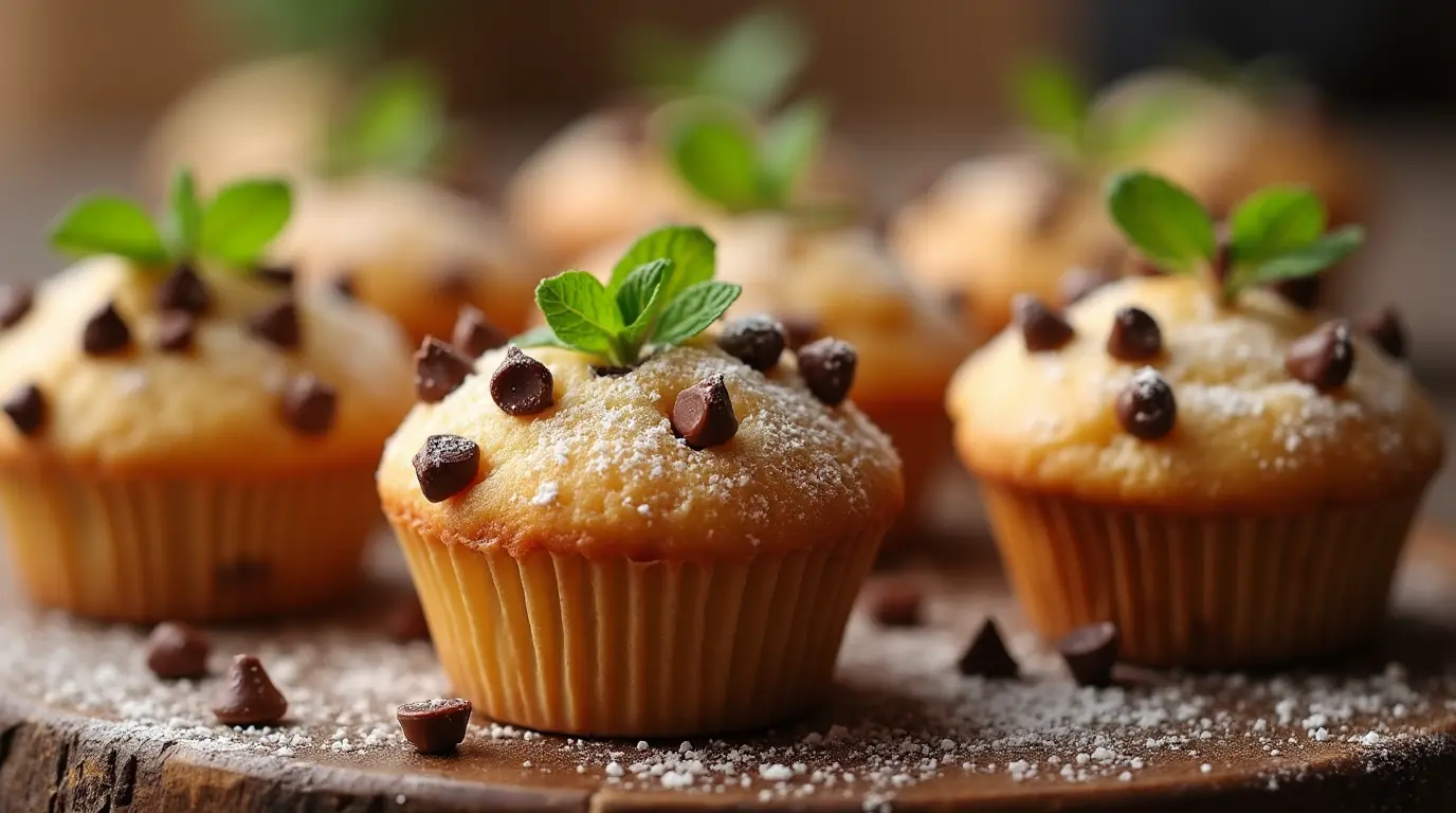 Mini chocolate chip muffins topped with powdered sugar and garnished with fresh mint leaves on a wooden surface.