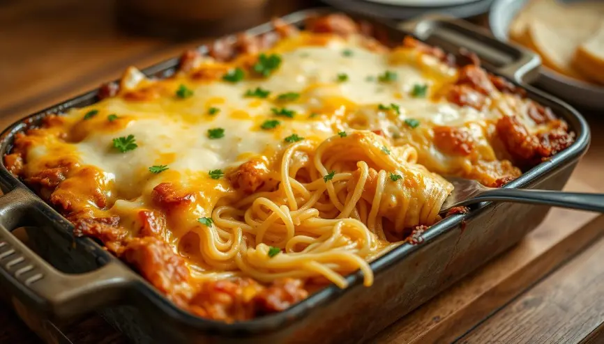 "Cheesy baked spaghetti casserole with melted cheese and parsley garnish in a rectangular baking dish