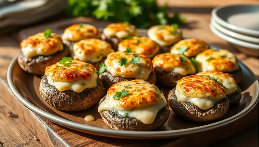 A plate of golden-baked stuffed mushrooms filled with creamy cheese, herbs, and breadcrumbs, garnished with fresh parsley.