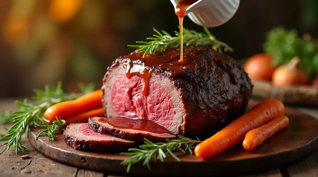 A tender venison roast with a rich glaze being poured over it, surrounded by fresh rosemary sprigs and roasted carrots on a rustic wooden platter.