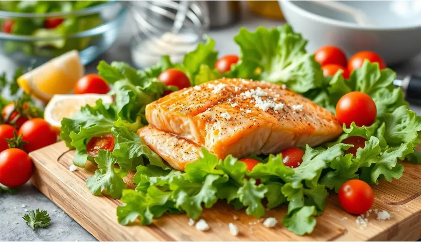 Freshly prepared Caesar salad with grilled salmon fillet, crisp lettuce, cherry tomatoes, and crumbled cheese served on a wooden board.