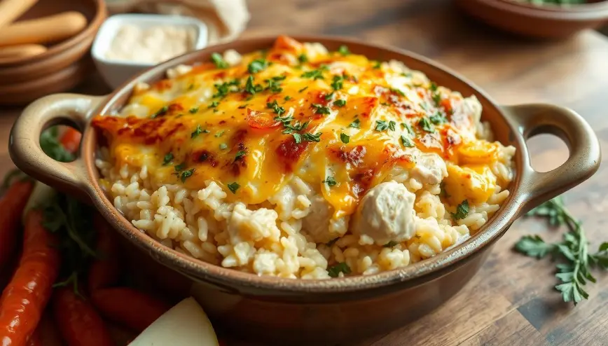 A comforting bowl of creamy chicken and rice, topped with melted cheese and garnished with fresh parsley, set on a wooden table with carrots and herbs in the background.