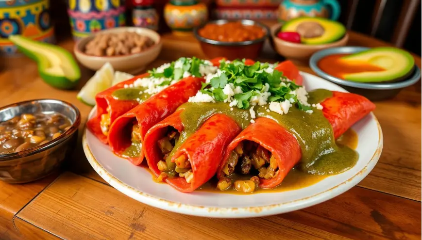 Enchiladas potosinas plated with vibrant red tortillas, stuffed with savory fillings, topped with green salsa, cheese, and fresh cilantro, surrounded by traditional Mexican side dishes and colorful decor.
