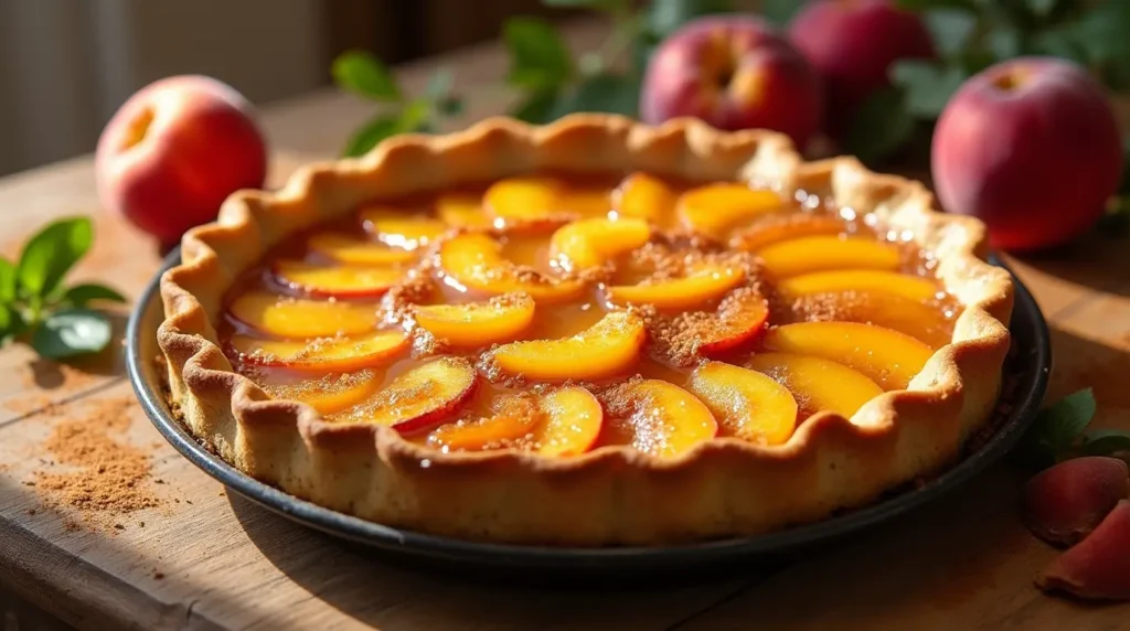 A freshly baked canned peach pie with a golden-brown, flaky crust, topped with glistening peach slices arranged in a circular pattern, set on a rustic wooden table with whole peaches in the background.