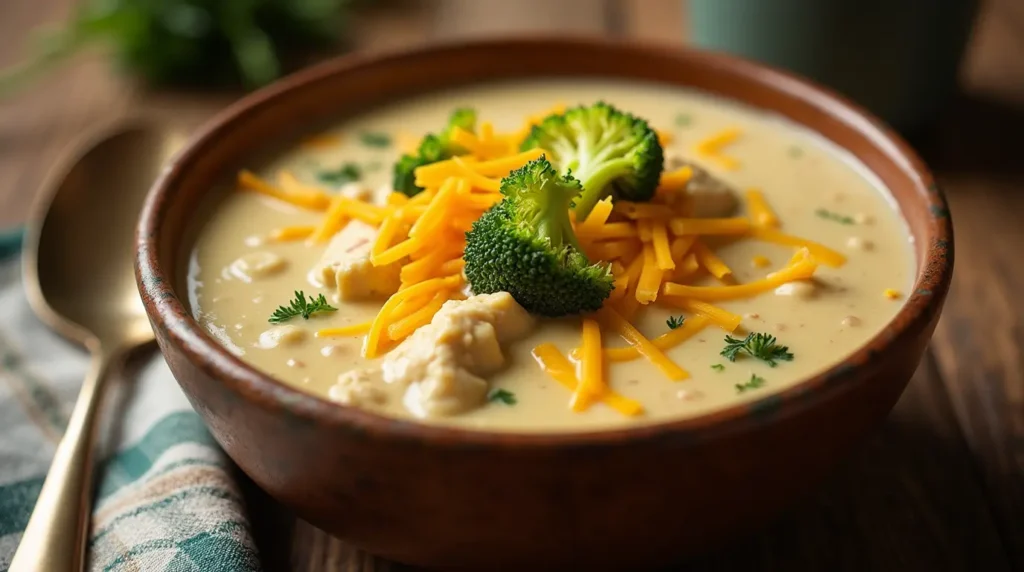 A cozy bowl of creamy chicken broccoli cheese soup, rich and velvety, topped with melted cheddar, steamed broccoli florets, and a sprinkle of fresh parsley.