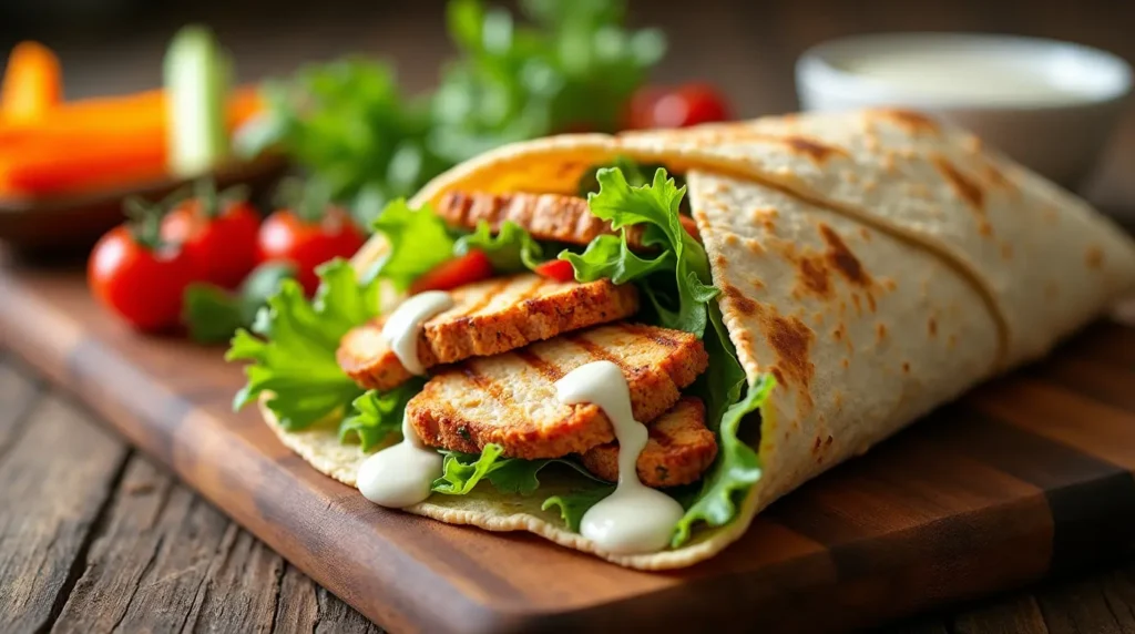 Grilled chicken wrap with tender chicken slices, fresh lettuce, cherry tomatoes, and a drizzle of creamy dressing, served on a wooden cutting board.