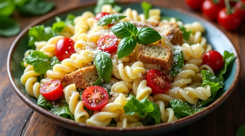 A vibrant Caesar pasta salad featuring rotini pasta, crisp Romaine lettuce, cherry tomatoes, shredded Parmesan, and creamy Caesar dressing, garnished with crunchy croutons.