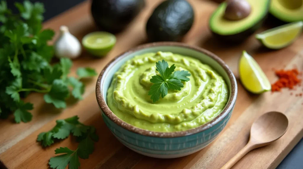 A creamy avocado crema served in a small turquoise bowl, surrounded by fresh avocado halves, lime wedges, garlic, cilantro, and a sprinkle of paprika on a wooden surface.