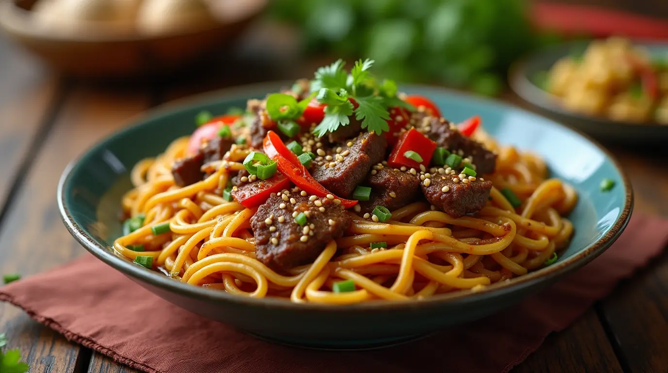 A vibrant plate of Mongolian beef noodles featuring tender beef strips, stir-fried with red peppers and scallions, garnished with sesame seeds and fresh cilantro.