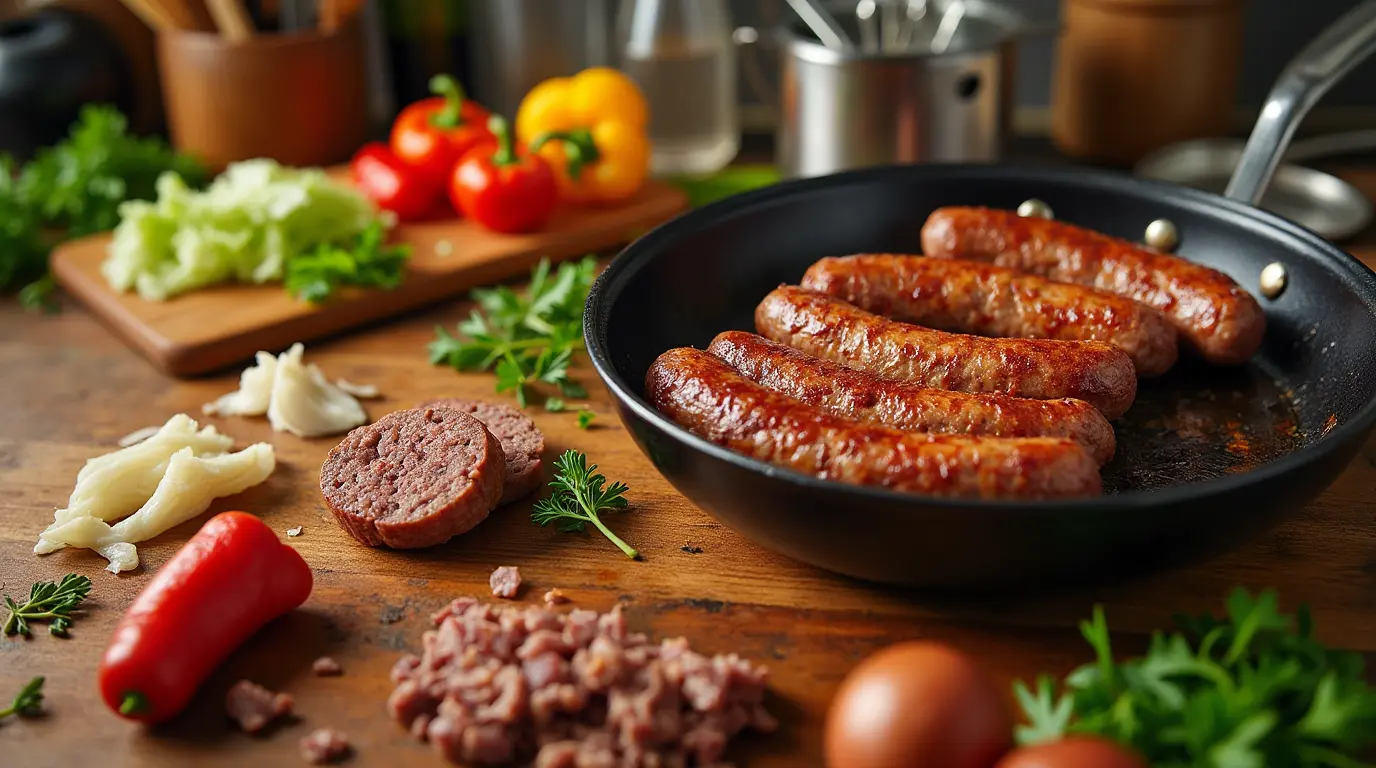 Golden brown beef sausages sizzling in a pan, surrounded by fresh ingredients like peppers, parsley, garlic, eggs, and chopped meat on a rustic wooden kitchen counter.