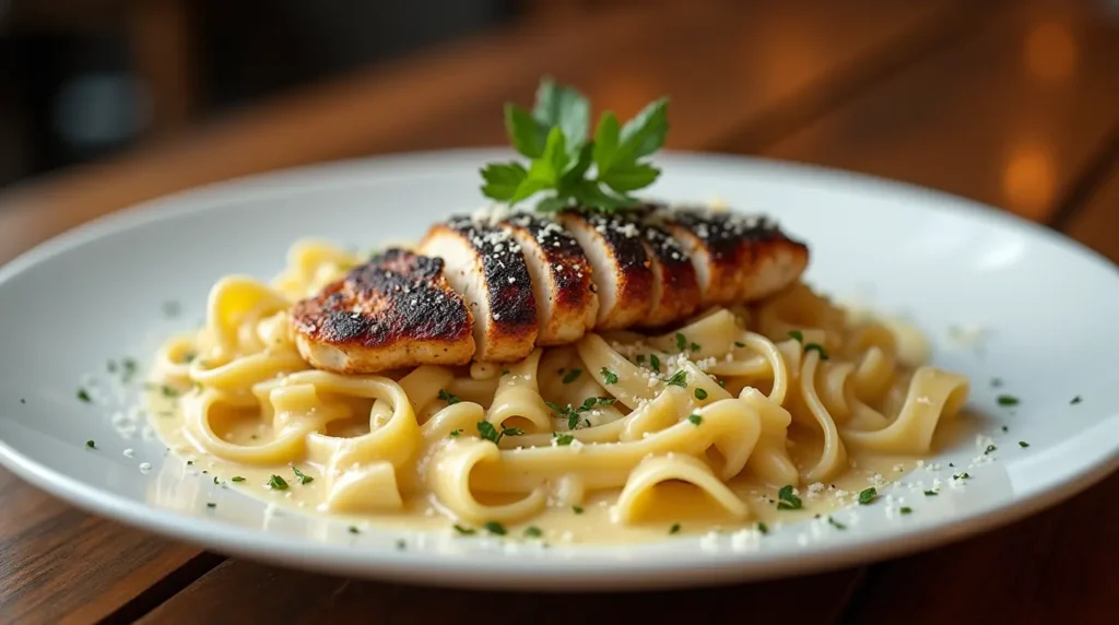 A plate of creamy fettuccine alfredo topped with perfectly seared blackened chicken breast slices and garnished with fresh parsley and grated parmesan.