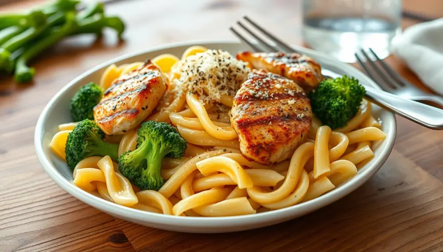A steaming plate of chicken broccoli ziti with creamy sauce, tender chicken, crisp broccoli, and perfectly cooked pasta, topped with parmesan cheese.