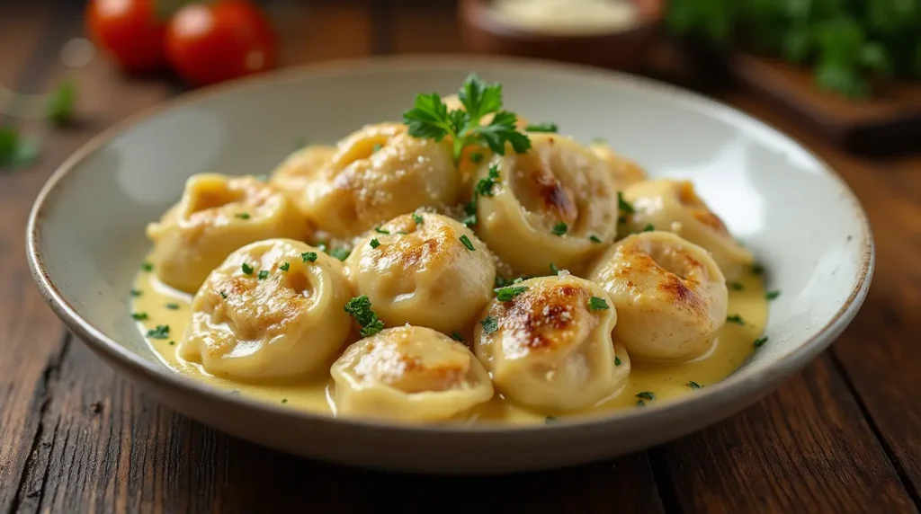 Plate of golden-brown chicken tortelloni alfredo, garnished with parsley, in a creamy alfredo sauce, set on a rustic wooden table with blurred tomatoes and herbs in the background.