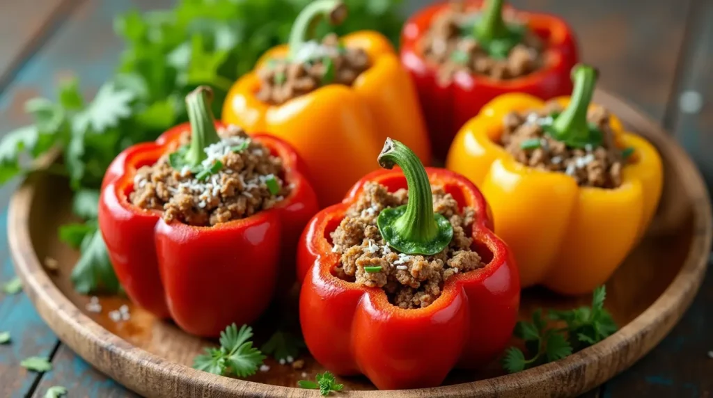 Colorful red and yellow bell peppers stuffed with seasoned ground turkey, garnished with fresh parsley on a rustic wooden platter.