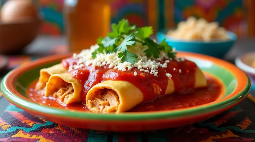 A vibrant plate of Enchiladas Michoacanas filled with shredded chicken, smothered in red chili sauce, garnished with fresh cilantro and crumbled cheese, served on a colorful traditional dish.