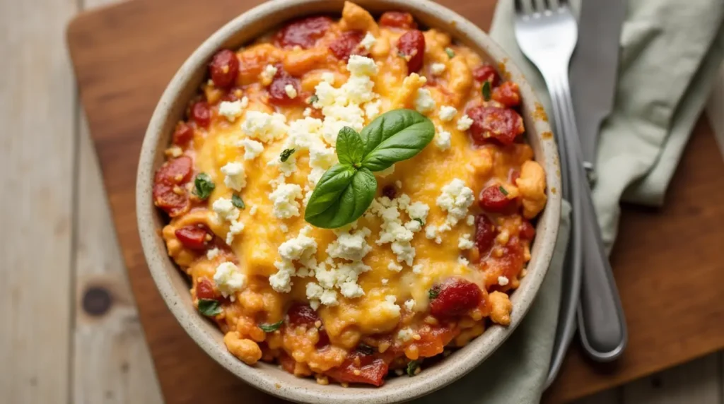 A warm, cheesy pizza bowl topped with golden melted cheddar, diced tomatoes, crumbled cottage cheese, and fresh basil.