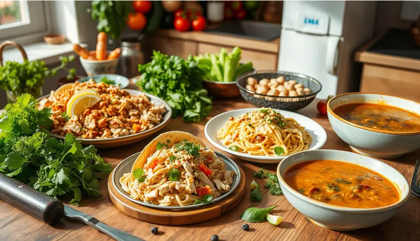 A spread of dishes made with leftover rotisserie chicken, including pasta, tacos, soups, and salads, garnished with fresh herbs in a rustic kitchen setting.