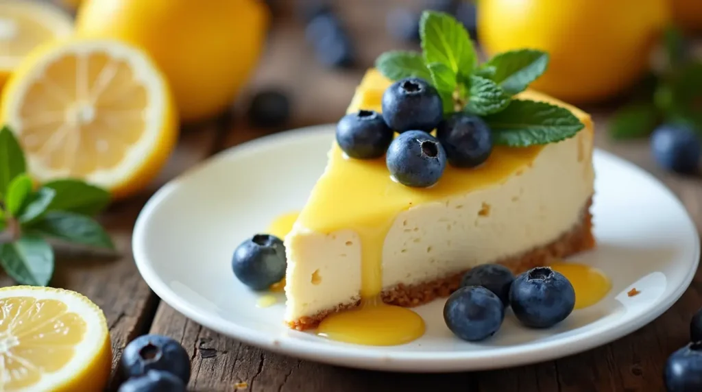 A creamy slice of lemon cheesecake on a graham cracker crust, topped with fresh blueberries, a drizzle of lemon curd, and a sprig of mint, surrounded by whole lemons and blueberries on a rustic wooden table.