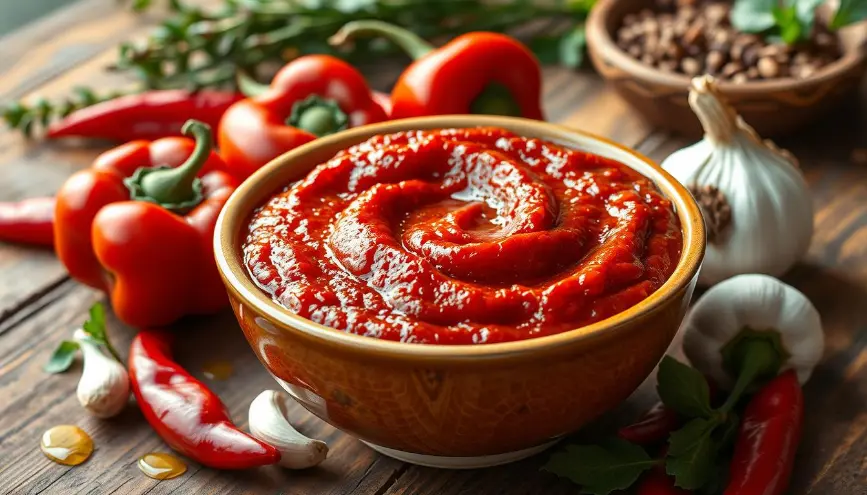 A rustic bowl filled with smooth and vibrant red pepper paste, surrounded by fresh red peppers, garlic, and chili peppers on a wooden table.
