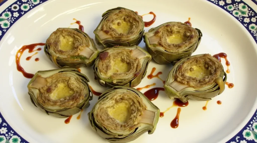 Seven stuffed artichoke halves arranged on a decorative plate, filled with a golden, cheesy mixture and drizzled with balsamic glaze.