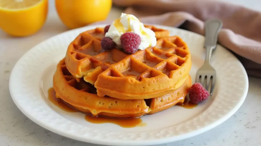 A plate of golden-brown sweet potato waffles topped with whipped cream, raspberries, and drizzled with syrup, with fresh lemons in the background.