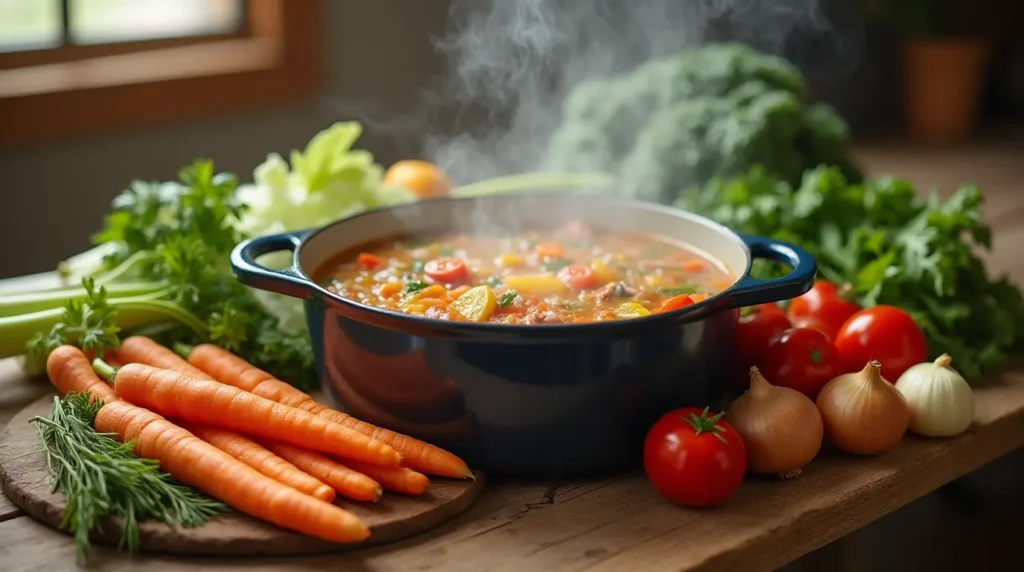 A steaming pot of 10-vegetable soup, surrounded by fresh ingredients like carrots, tomatoes, onions, celery, and kale on a rustic wooden table.