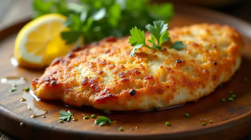 Golden brown baked chicken cutlet garnished with parsley and served with a lemon wedge on a wooden plate.