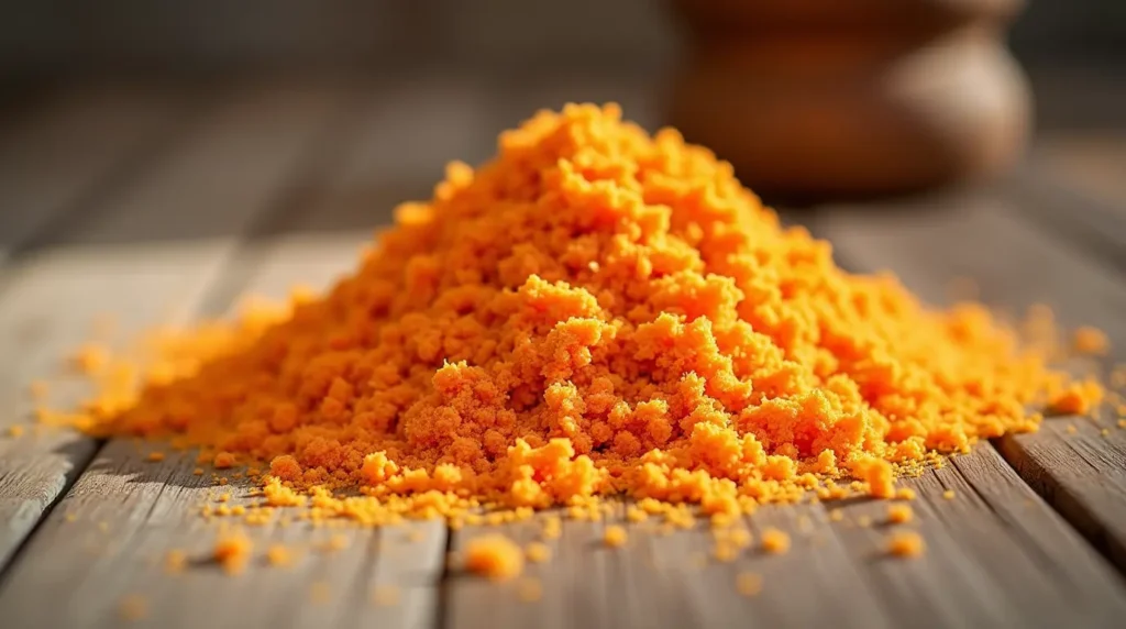 A vibrant pile of freshly made carrot cake mix with a rich orange color on a rustic wooden surface.