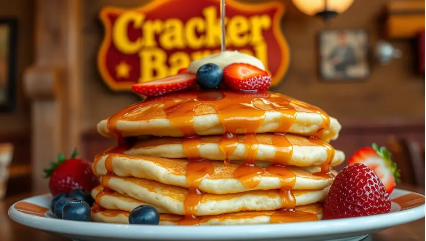 A stack of fluffy Cracker Barrel-style pancakes drizzled with caramel syrup, topped with fresh strawberries, blueberries, and a dollop of butter.