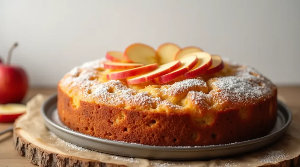 A golden brown fresh apple cake topped with powdered sugar and fresh apple slices, served on a rustic wooden tray.