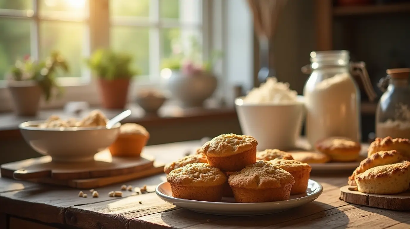 Freshly baked oat flour muffins on a rustic wooden table, surrounded by baking ingredients like flour, oats, and milk in a sunlit kitchen.