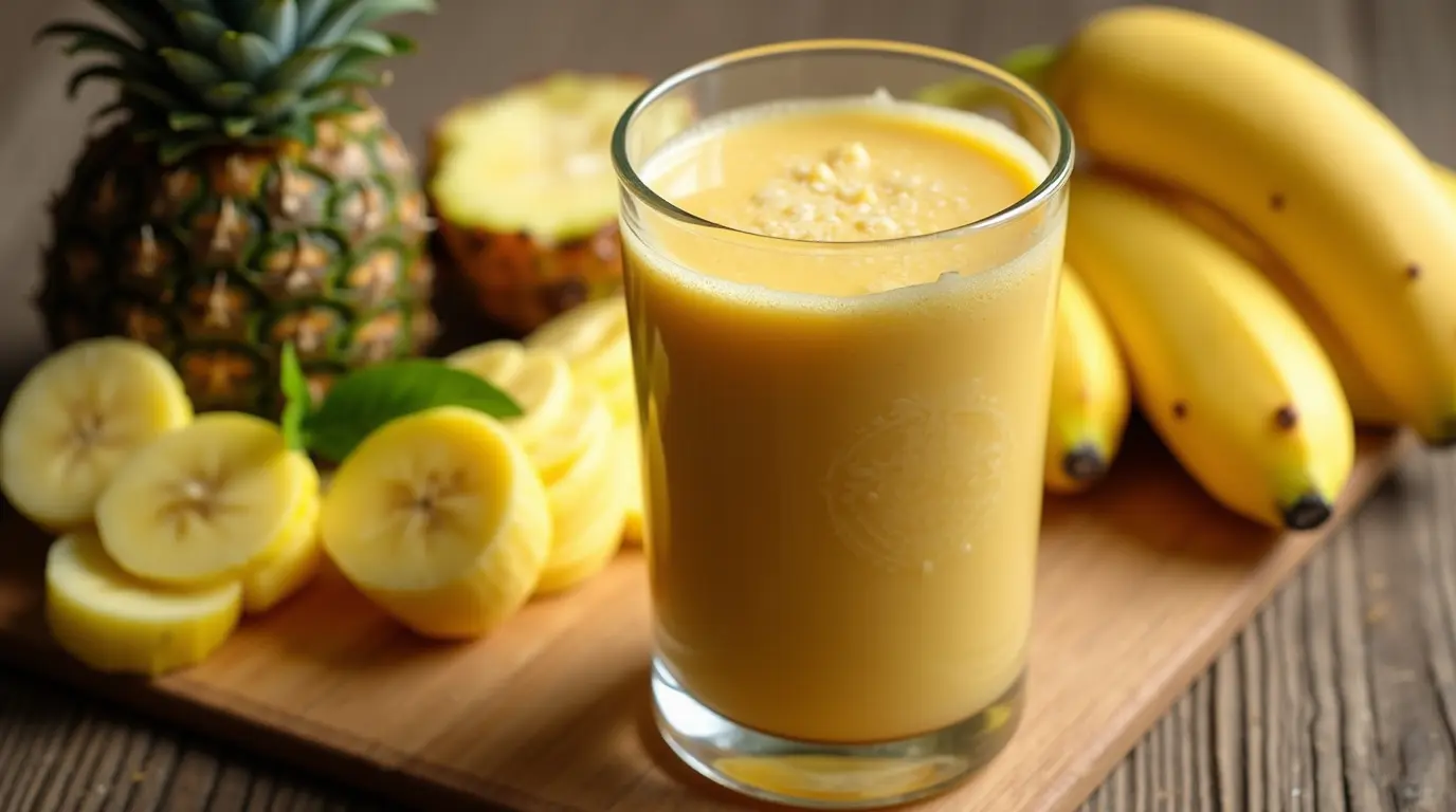 A creamy pineapple and banana smoothie in a glass, surrounded by fresh bananas and a ripe pineapple on a wooden cutting board.