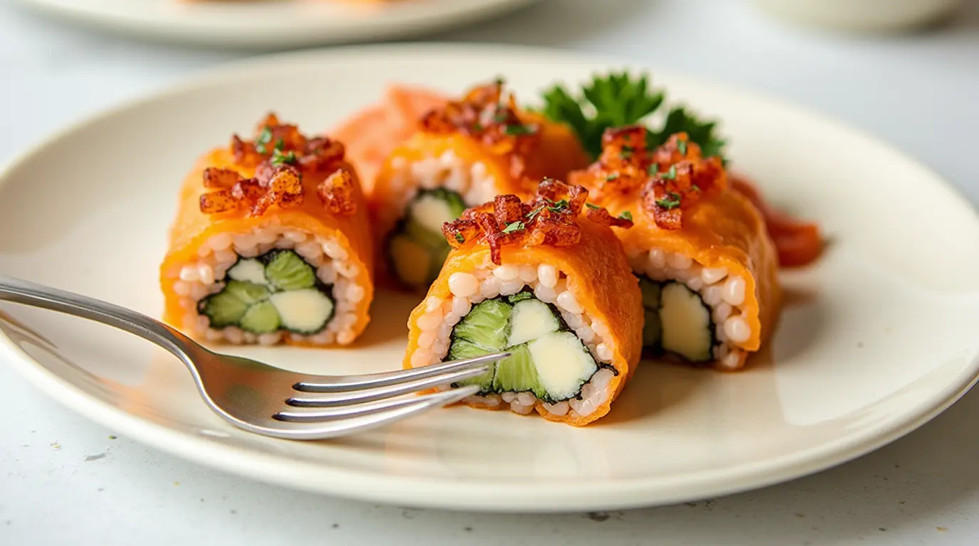 Baked sushi with salmon, avocado, and spicy mayo served in a casserole dish.