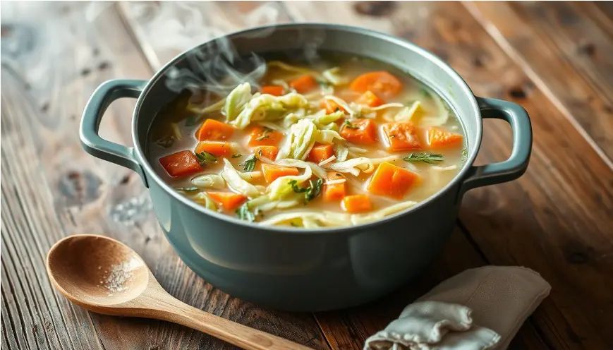 A steaming pot of homemade Weight Watchers cabbage soup with carrots, cabbage, and herbs, served on a rustic wooden table.