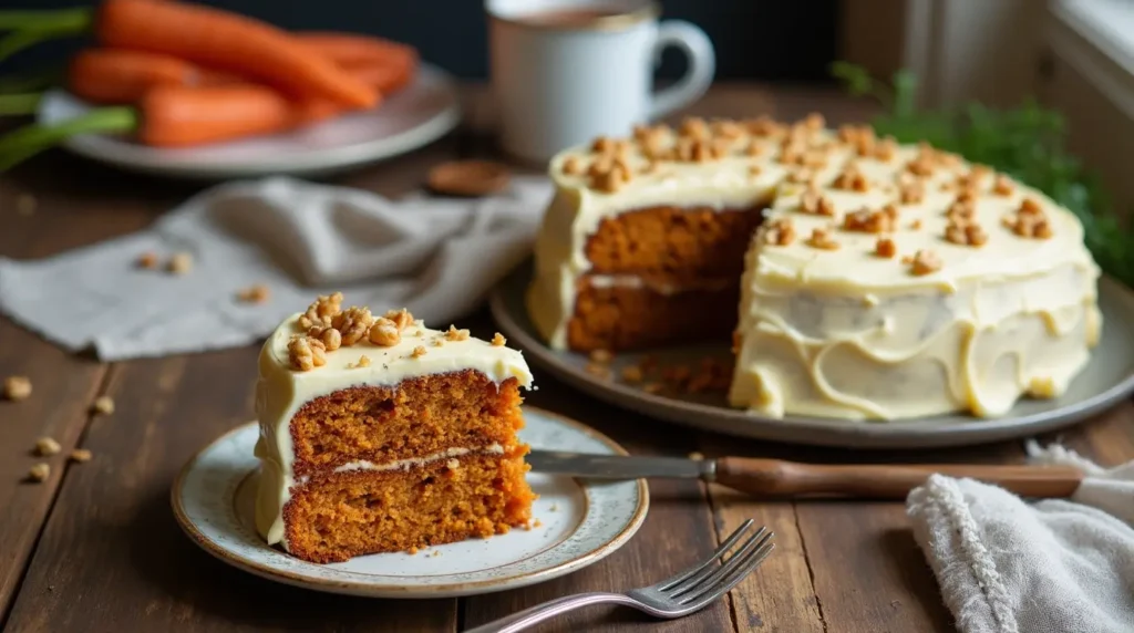 A slice of Mary Berry carrot and walnut cake topped with cream cheese icing and a walnut half, served on a white plate.