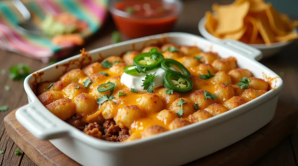 Baked taco tater tot casserole with melted cheese, seasoned beef, and crispy tater tots topped with green onions.