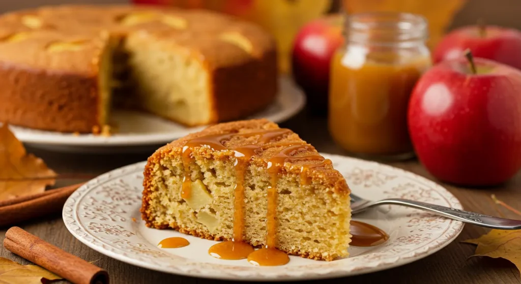 Moist slice of homemade applesauce cake recipe drizzled with caramel sauce, surrounded by fresh apples and cinnamon sticks.