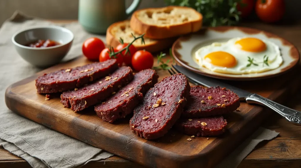 Homemade blood pudding recipe slices with crispy edges, garnished with fresh herbs on a rustic wooden board.