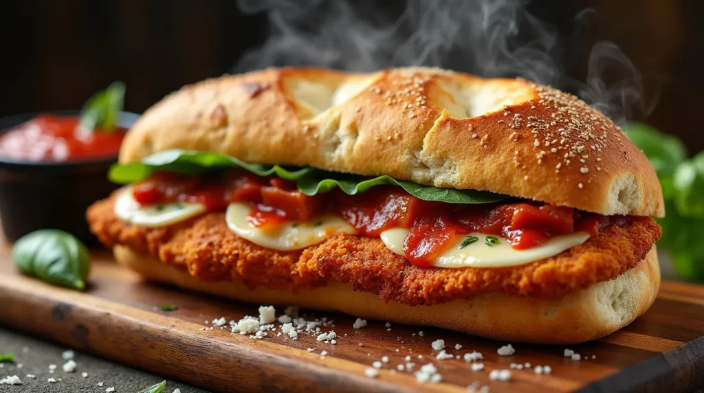 Hot and crispy chicken parmesan sandwich with marinara sauce, fresh basil, and melted mozzarella on a toasted hoagie roll.