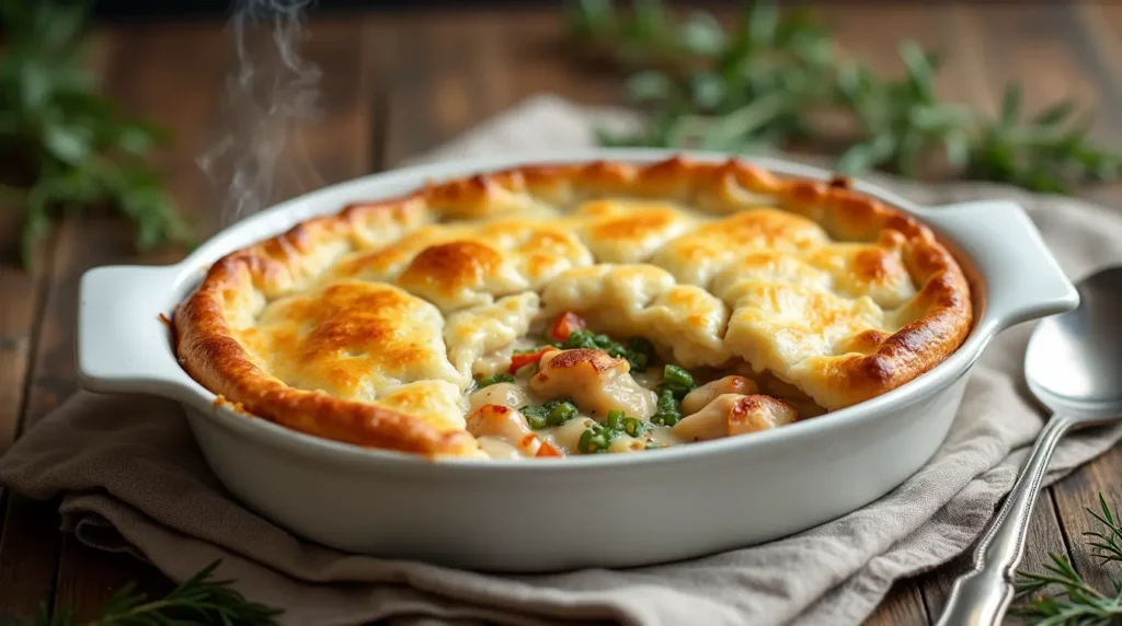 Golden-brown chicken pot pie casserole topped with flaky biscuit crust and filled with creamy chicken and vegetables.
