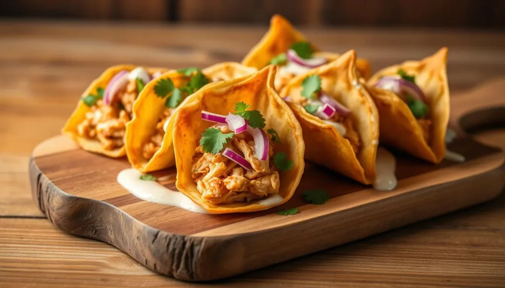 Crispy chicken wonton tacos topped with red onion and cilantro on a wooden serving board.