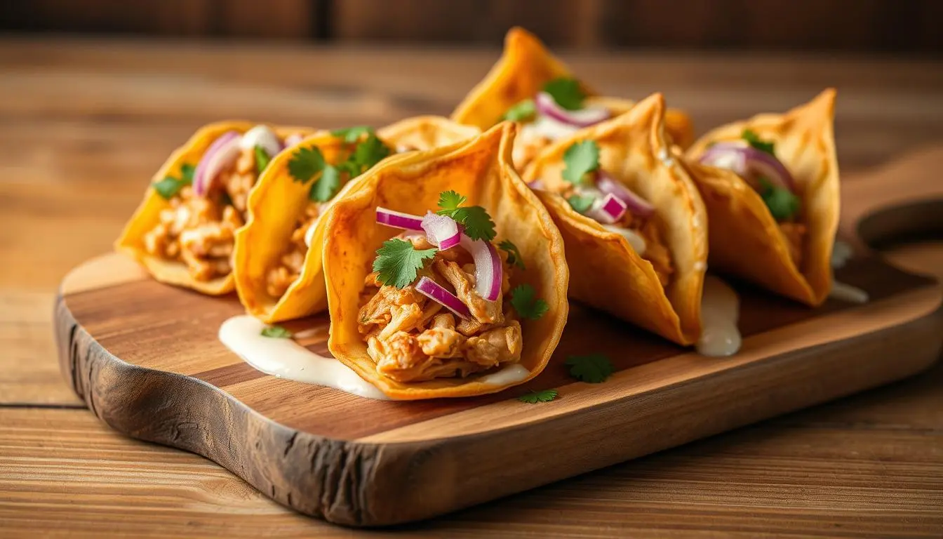 Crispy chicken wonton tacos topped with red onion and cilantro on a wooden serving board.