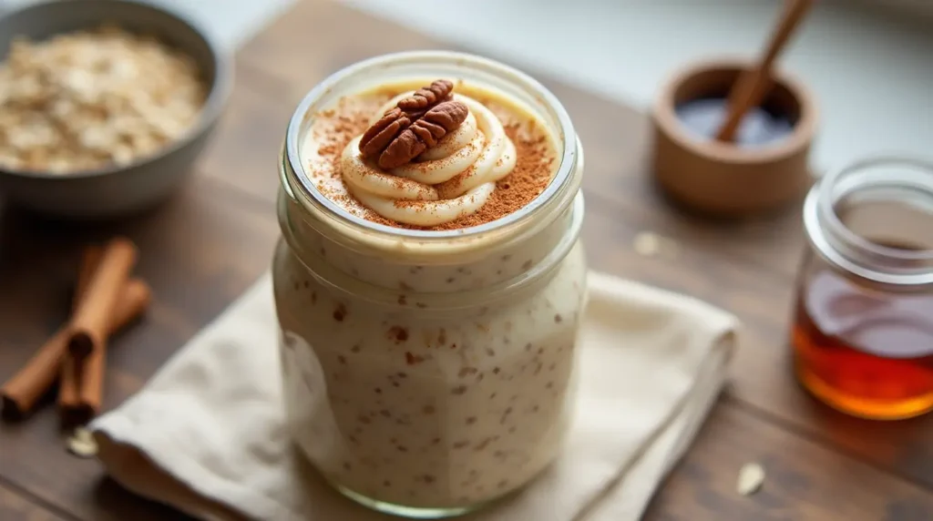 Jar of cinnamon roll overnight oats topped with cream cheese frosting, cinnamon, and a pecan.