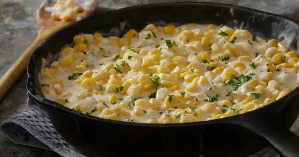 Skillet of creamy corn mixed with cream cheese and garnished with fresh herbs.