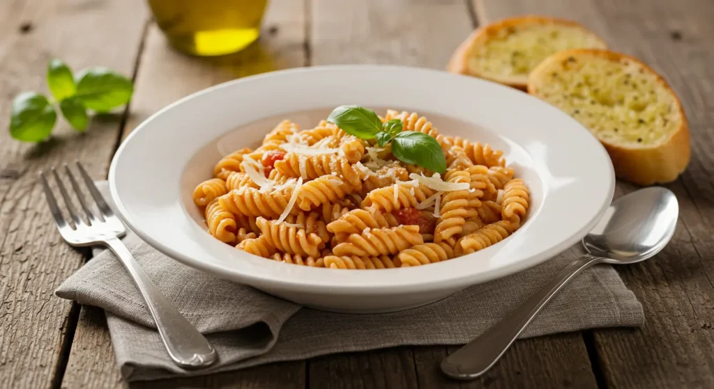 Warm bowl of ditalini pasta recipe tossed in a savory tomato-based sauce with vegetables and fresh herbs.
